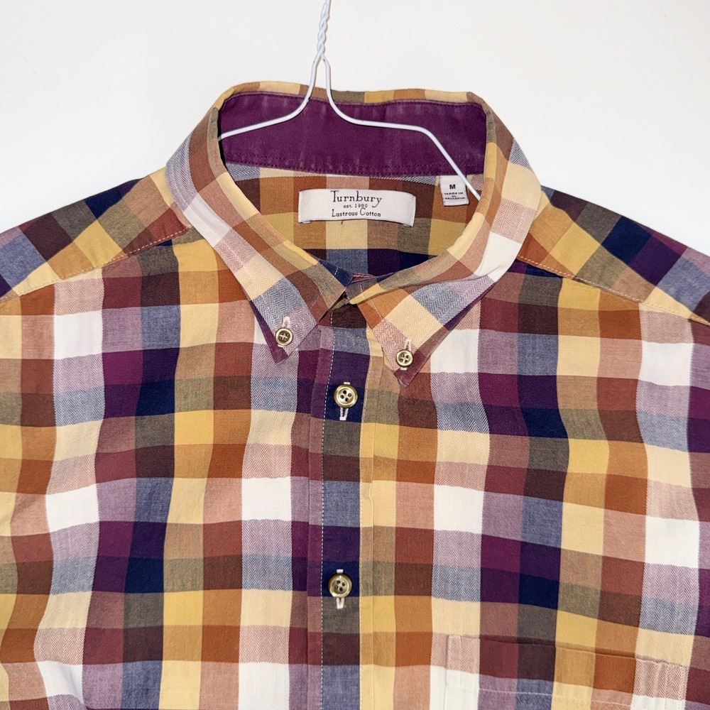 Turnbury Mens Lustrous Cotton Plaid Button Down Shirt Purple Gold Brown Size M - Picture 4 of 8